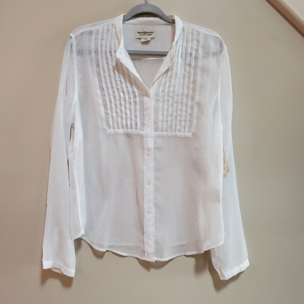 NWT Ralph Lauren Denim & Supply White Sheer Button Down Blouse Gauze Large LS